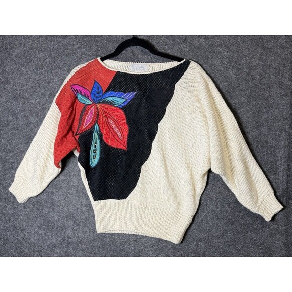Nannell Sweaters - Vintage 80s Nannell Hand Knit Sweater - Colorful Floral Appliqué Dolman Sleeve M